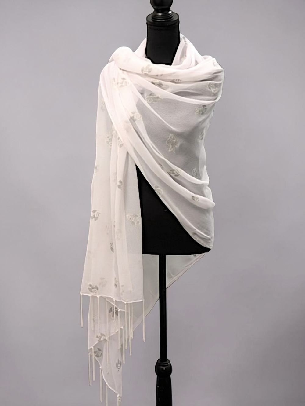 Aremar White Fish Print Scarf Tassel Trim Sheer Novelty Coastal